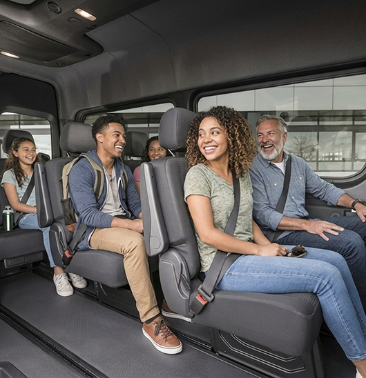 Family riding together in a private shuttle van