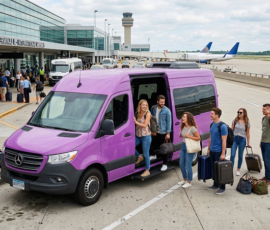 Group boarding a private shuttle van at the airport terminal