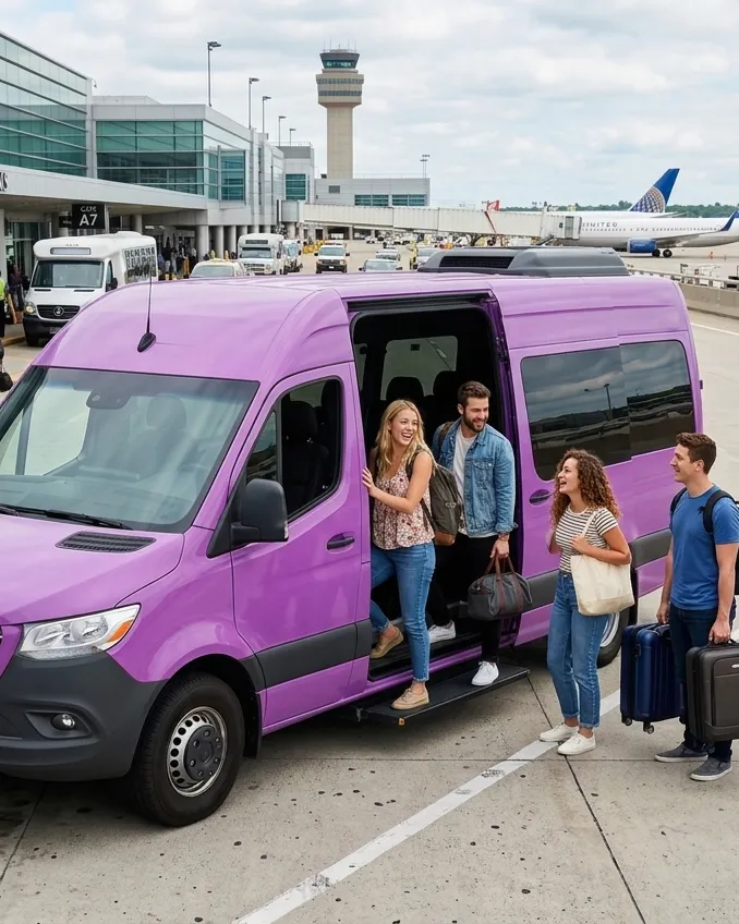 Travelers with luggage beside a purple shuttle van at the airport