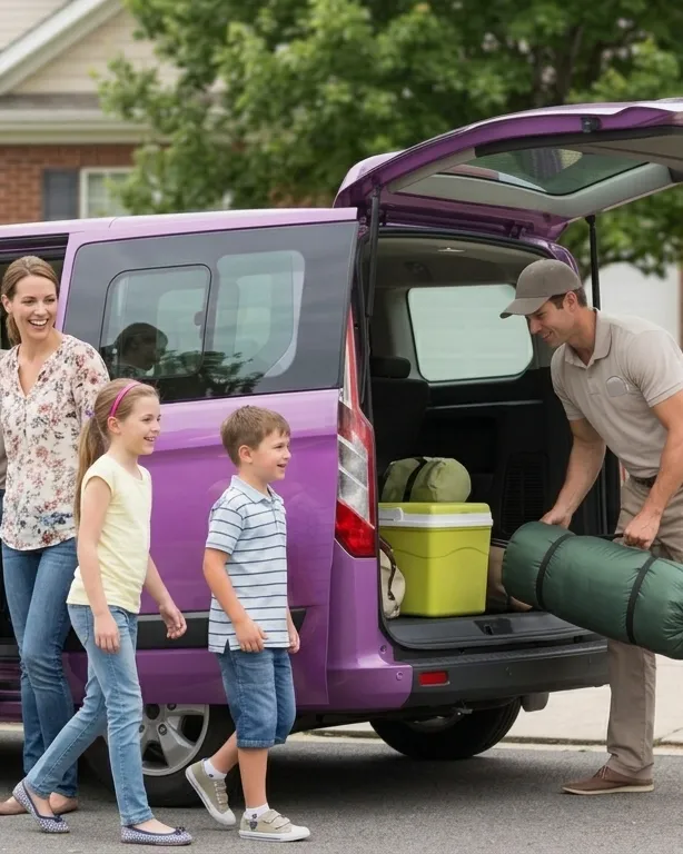 Family loading bags into a purple shuttle van at home in Pasadena