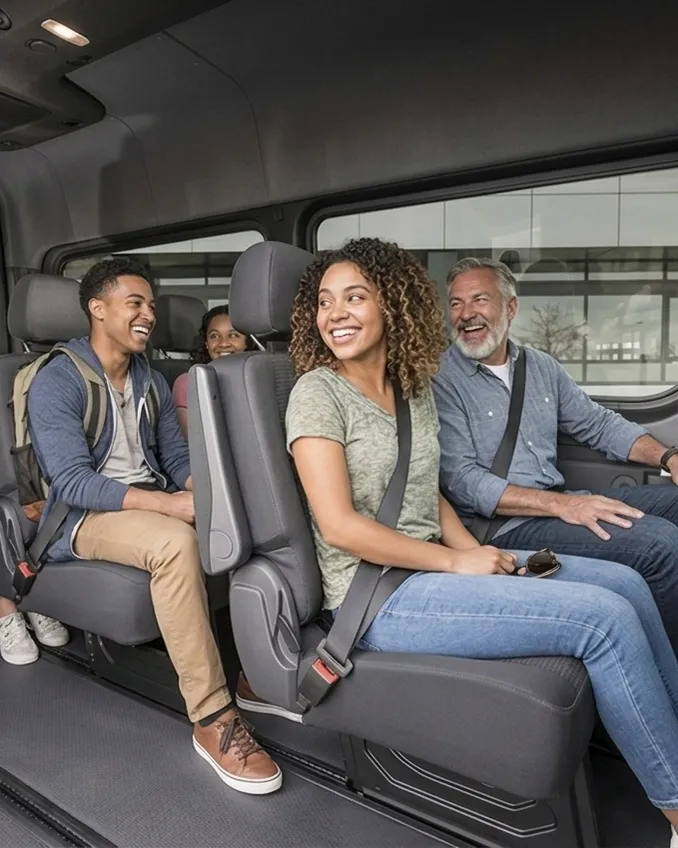 Passengers relaxing inside a clean shuttle van