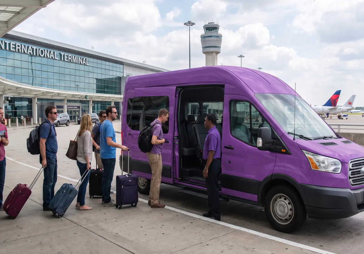 Travelers boarding a purple shuttle van at the airport curb