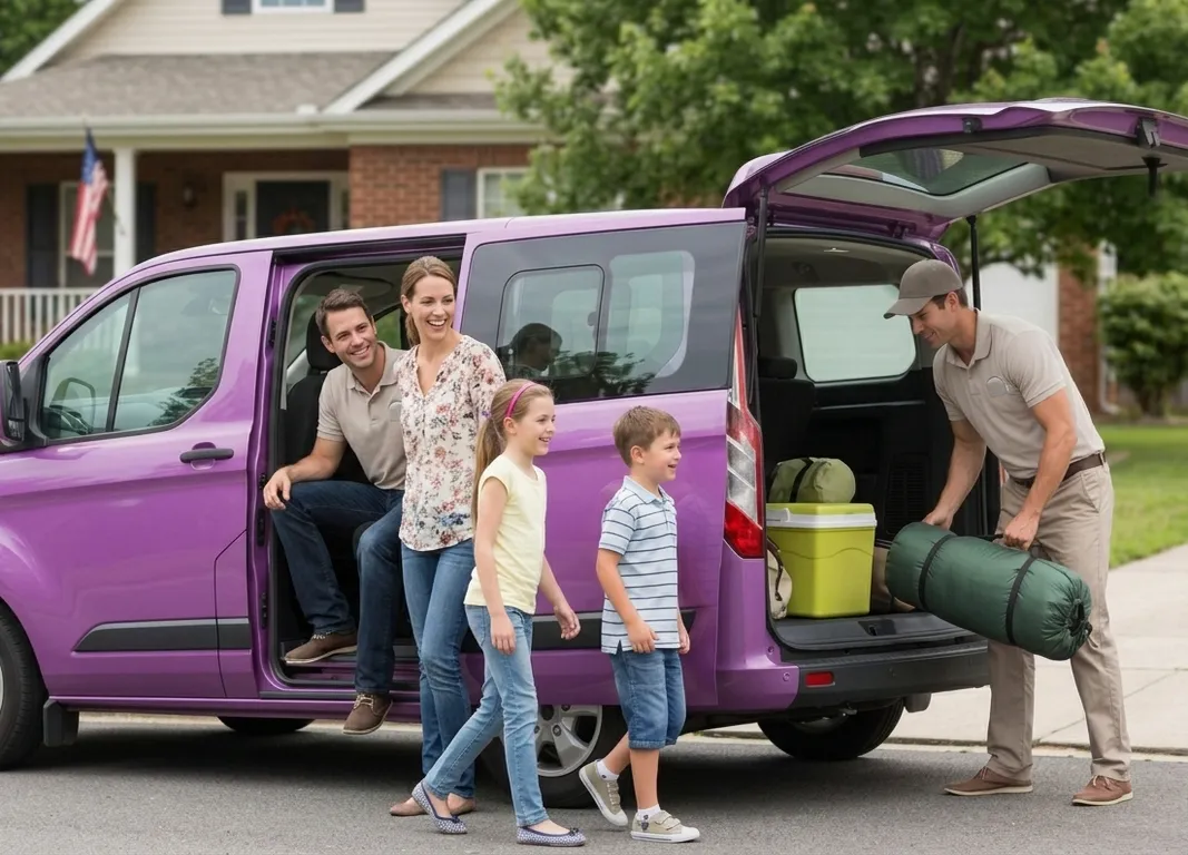 Travelers loading luggage into a vehicle