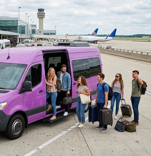 Family group boarding a private shuttle to LAX