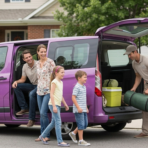 Family unloading a private van for a weekend trip