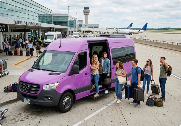 Group of travelers loading into a purple shuttle van at the airport