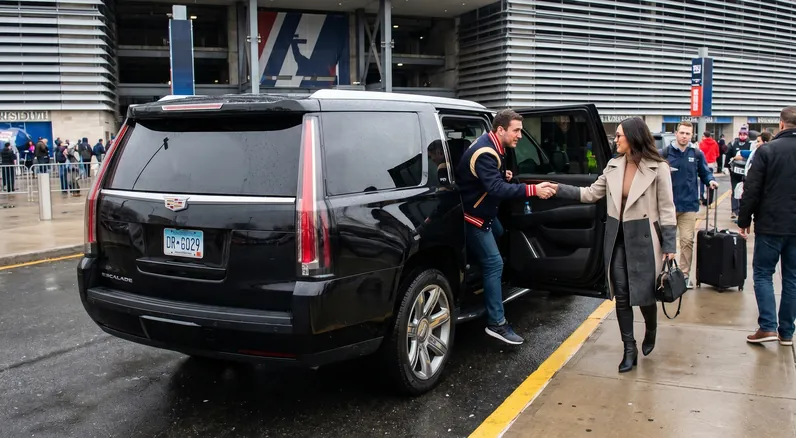 Travelers being met by an SUV at a stadium drop-off