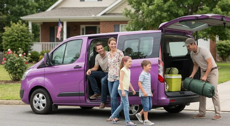 A family loading luggage into a private van