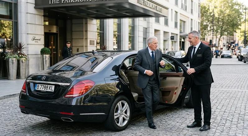 Chauffeur welcoming a passenger into a sedan outside a hotel