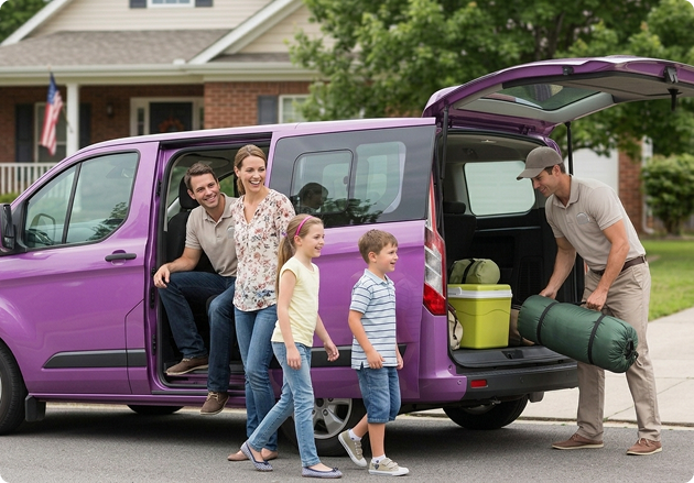 Family loading into shuttle van