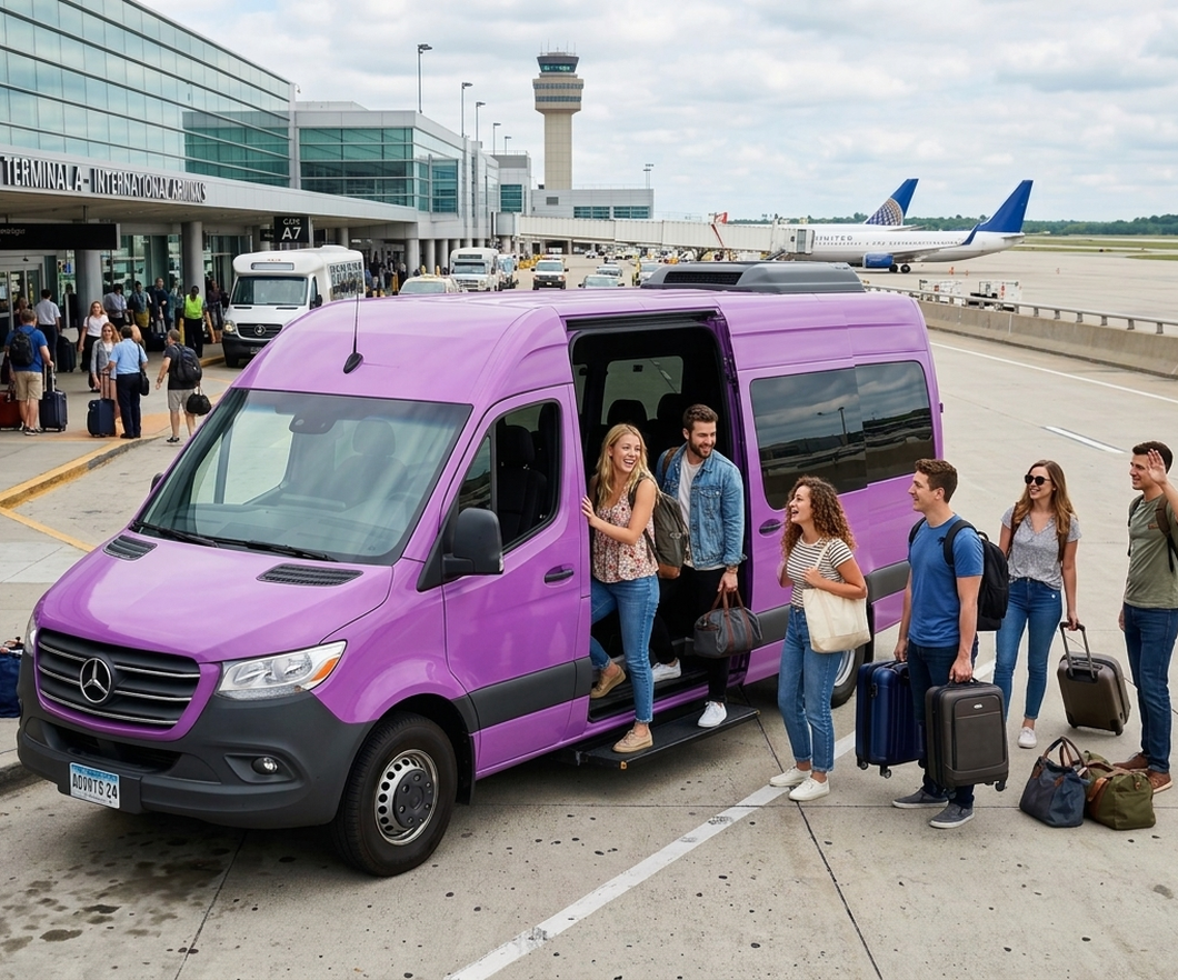 Group boarding a private shuttle van at the airport