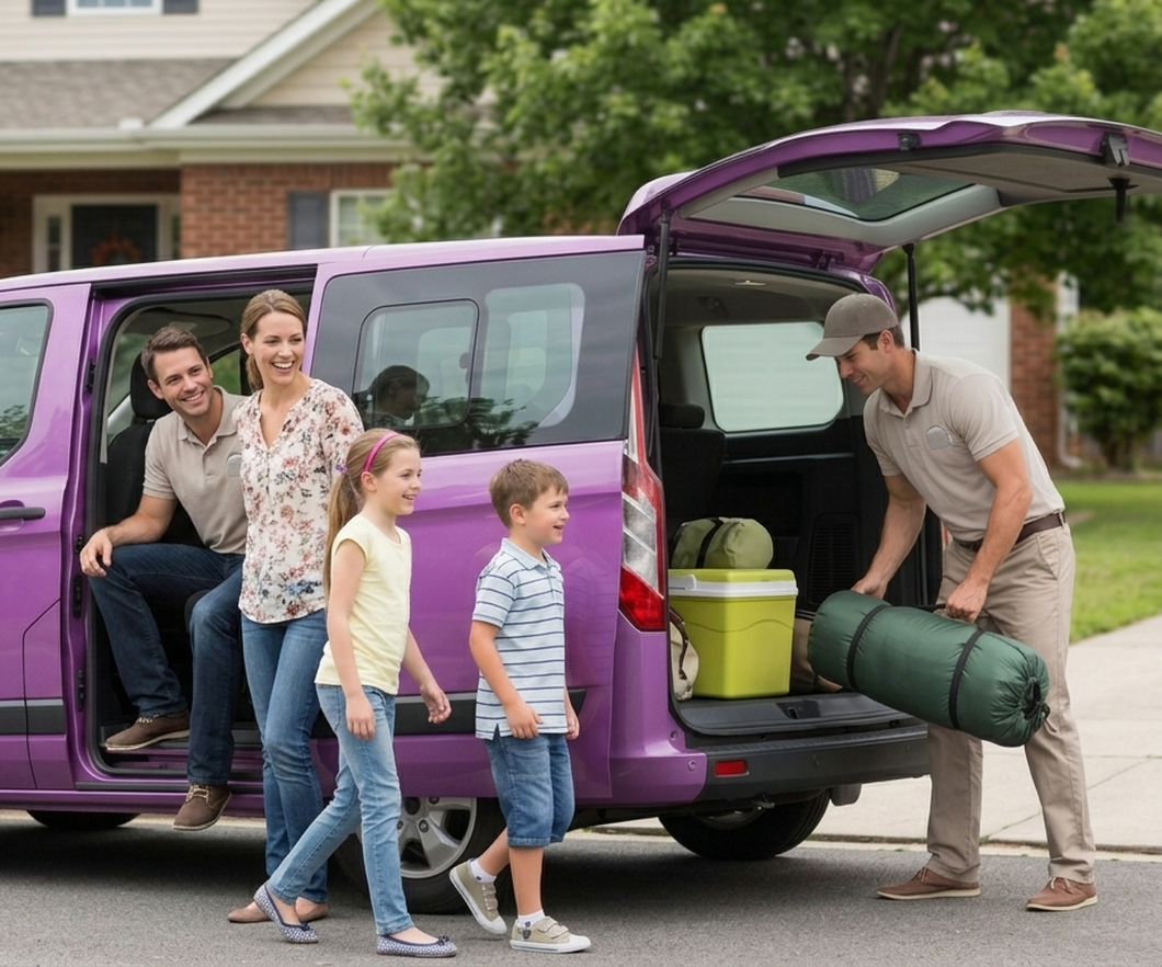 Family loading up a private van for a summer trip